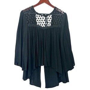 Fashion Fuse Womens Sz L Black Top Sheer Open Back Flare Sleeve Lace Blouse H2